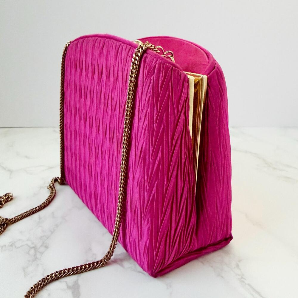 Vintage 80s Regal Smocked Satin Fuchsia Shoulder Bag Evening Glam Statement